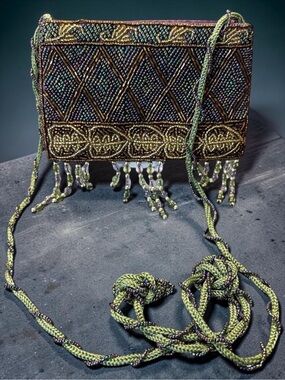 Vintage Lady Jade Designs Beaded Fringe Crossbody Bag